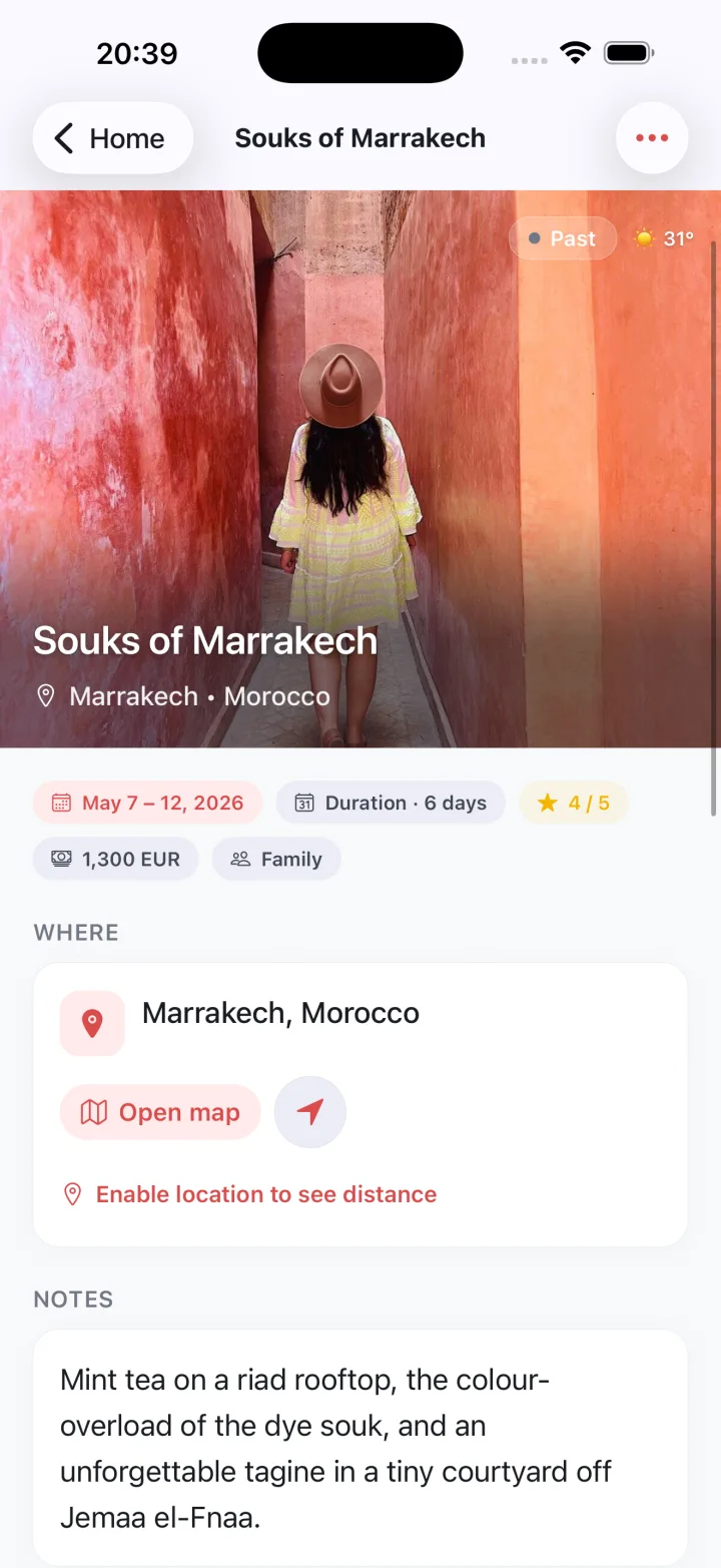 Travelbook shows the Souks of Marrakech trip page with cover photo, trip dates, duration, rating, location, and map buttons.